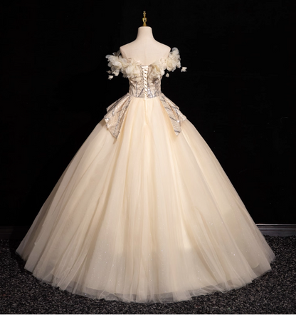 Elegantes champagnerfarbenes One-Shoulder-Abendkleid aus 3D-Blütentüll, langes Ballkleid, Sweet 16 Kleid P4422