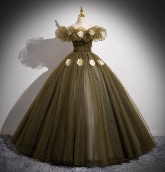 Vintage Olive Green One-Shoulder 3D Floral Tulle Long Ball Gown Evening Dress Sweet 16 Dress P4423