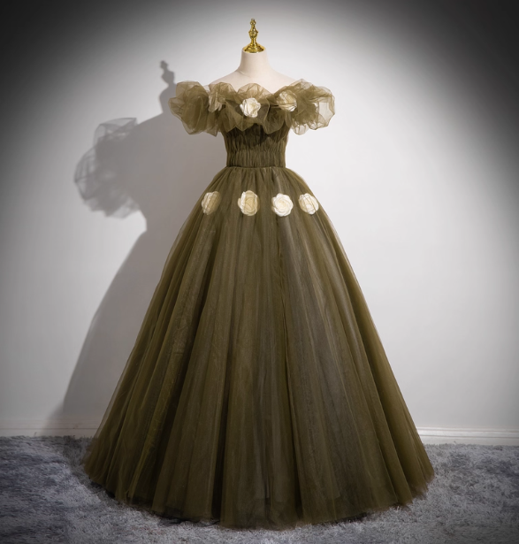 Vintage Olive Green One-Shoulder 3D Floral Tulle Long Ball Gown Evening Dress Sweet 16 Dress P4423