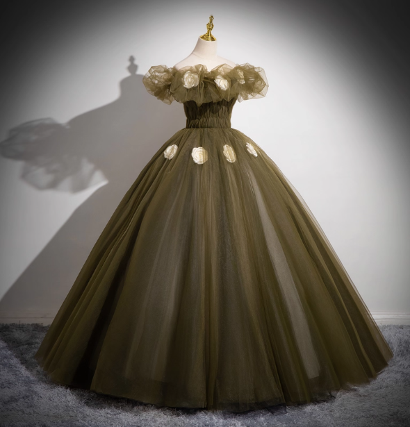 Vintage Olive Green One-Shoulder 3D Floral Tulle Long Ball Gown Evening Dress Sweet 16 Dress P4423