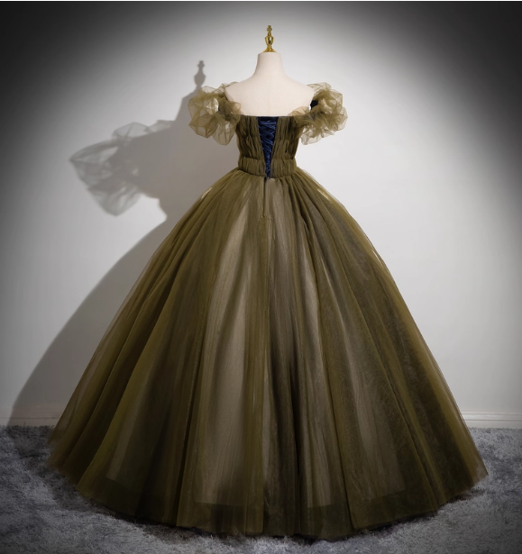 Vintage Olive Green One-Shoulder 3D Floral Tulle Long Ball Gown Evening Dress Sweet 16 Dress P4423