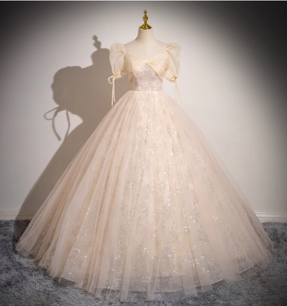 Robe de soirée longue princesse champagne clair col carré manches bouffantes nœud en tulle, robe de bal, robe de Sweet 16 P4424
