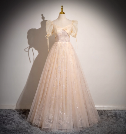 Robe de soirée longue princesse champagne clair col carré manches bouffantes nœud en tulle, robe de bal, robe de Sweet 16 P4424