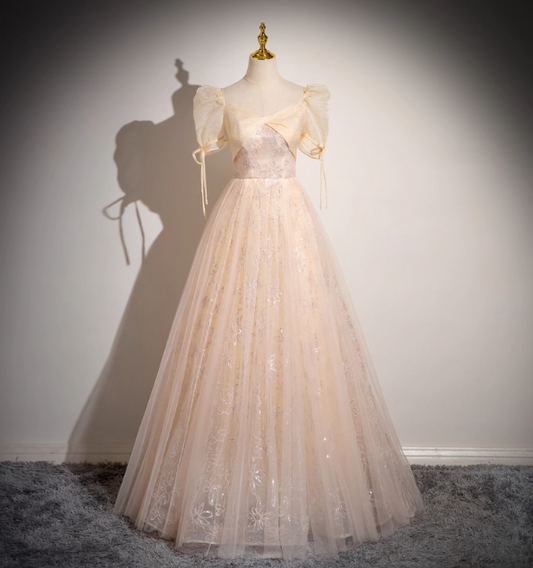 Princess Light Champagne Square Neck Puff Sleeve Bow Tulle Long Ball Gown Evening Dress Sweet 16 Dress P4424