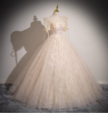 Robe de soirée longue princesse champagne clair col carré manches bouffantes nœud en tulle, robe de bal, robe de Sweet 16 P4424
