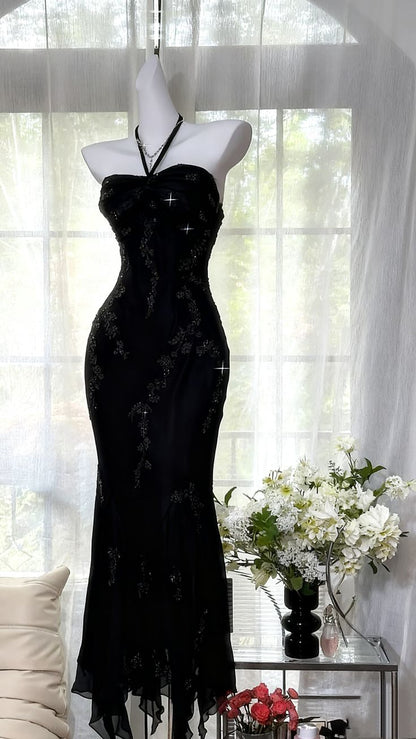 Luxuriöses dunkelgrünes Meerjungfrauen-Abendkleid aus Chiffon mit Perlenstickerei P4032