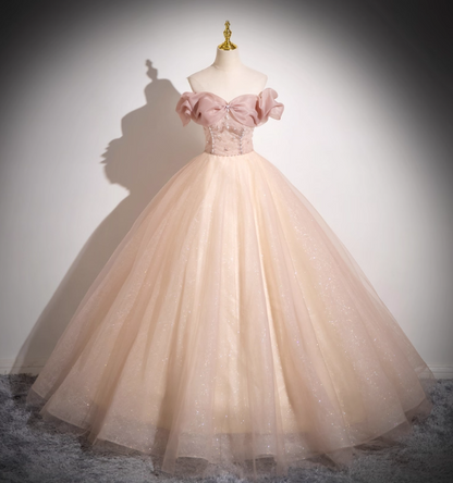 Sweet Pink Apricot One-Shoulder Tulle Long Ball Gown Evening Dress Sweet 16 Dress P4425