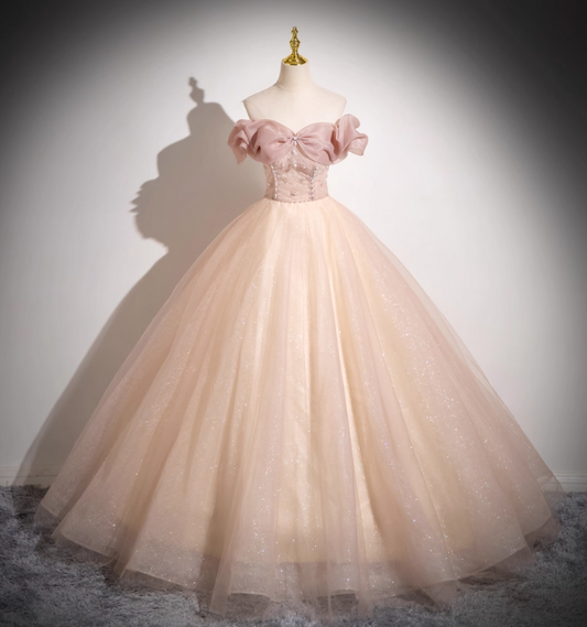 Sweet Pink Apricot One-Shoulder Tulle Long Ball Gown Evening Dress Sweet 16 Dress P4425