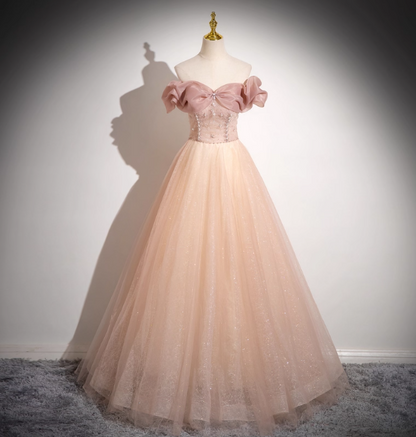 Sweet Pink Apricot One-Shoulder Tulle Long Ball Gown Evening Dress Sweet 16 Dress P4425