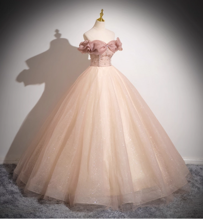 Sweet Pink Apricot One-Shoulder Tulle Long Ball Gown Evening Dress Sweet 16 Dress P4425