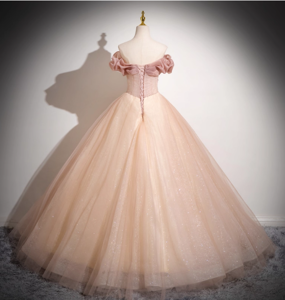 Sweet Pink Apricot One-Shoulder Tulle Long Ball Gown Evening Dress Sweet 16 Dress P4425