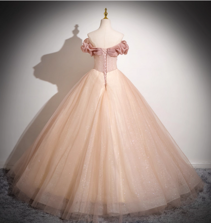 Sweet Pink Apricot One-Shoulder Tulle Long Ball Gown Evening Dress Sweet 16 Dress P4425