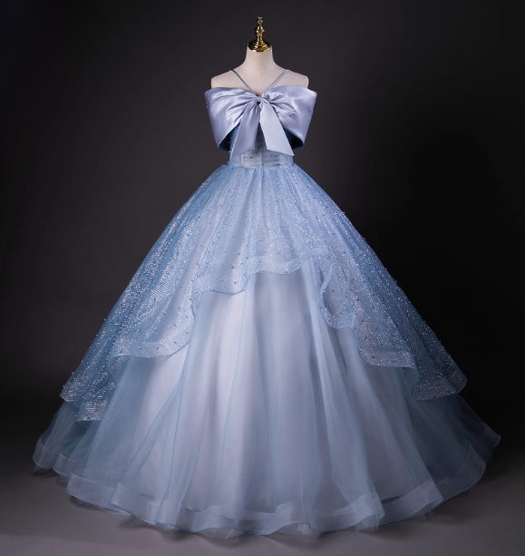 Dreamy Princess Blue Off-Shoulder Oversized Bow Tulle Long Ball Gown Evening Dress Sweet 16 Dress P4426