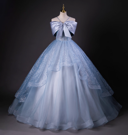Verträumtes Prinzessinnen-Ballkleid in Blau, schulterfrei, mit großer Schleife aus Tüll, lang, Abendkleid, Kleid für Sweet 16, P4426