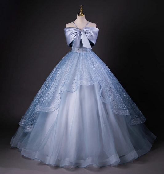 Dreamy Princess Blue Off-Shoulder Oversized Bow Tulle Long Ball Gown Evening Dress Sweet 16 Dress P4426