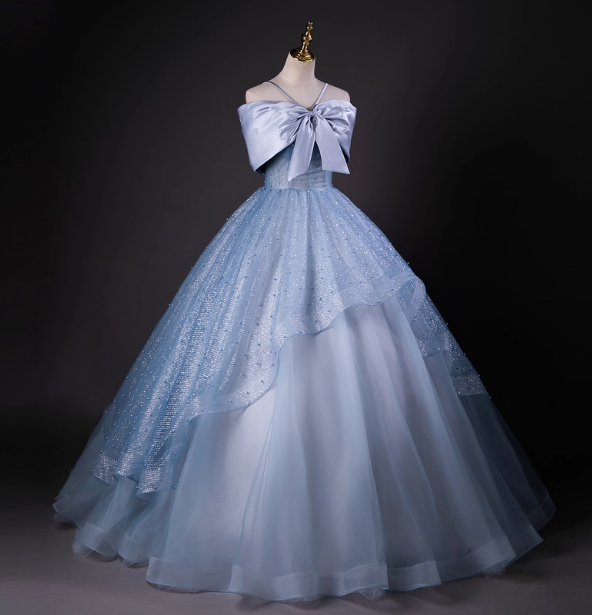 Dreamy Princess Blue Off-Shoulder Oversized Bow Tulle Long Ball Gown Evening Dress Sweet 16 Dress P4426