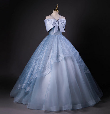 Verträumtes Prinzessinnen-Ballkleid in Blau, schulterfrei, mit großer Schleife aus Tüll, lang, Abendkleid, Kleid für Sweet 16, P4426