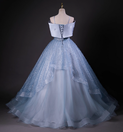 Verträumtes Prinzessinnen-Ballkleid in Blau, schulterfrei, mit großer Schleife aus Tüll, lang, Abendkleid, Kleid für Sweet 16, P4426