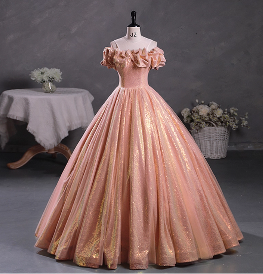 Gorgeous Shimmering Pink-Gold Ruched Sequin Sheer Tulle Long Ball Gown Evening Dress Sweet 16 Dress P4427