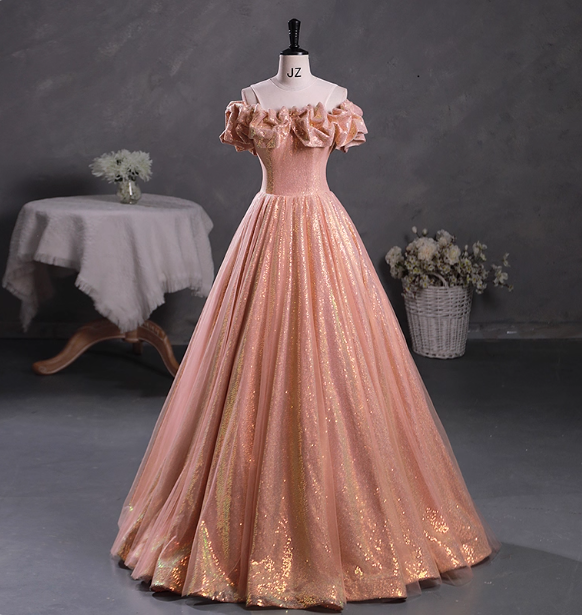 Gorgeous Shimmering Pink-Gold Ruched Sequin Sheer Tulle Long Ball Gown Evening Dress Sweet 16 Dress P4427