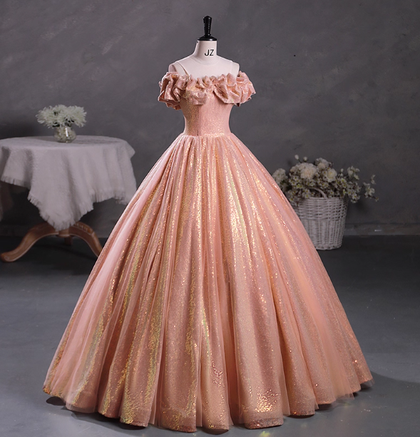 Gorgeous Shimmering Pink-Gold Ruched Sequin Sheer Tulle Long Ball Gown Evening Dress Sweet 16 Dress P4427
