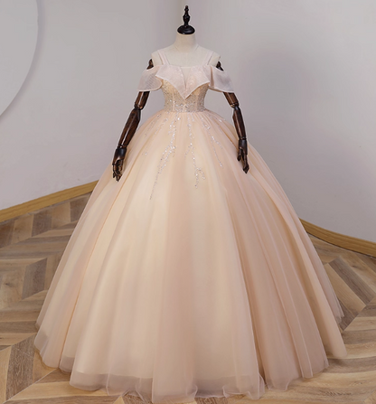 Elegantes champagnerfarbenes One-Shoulder Tüll-Abendkleid, langes Ballkleid, Sweet 16 Kleid P4428