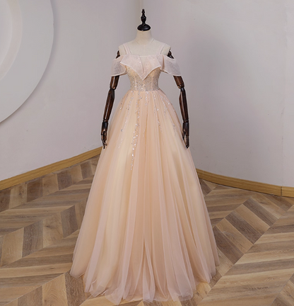 Elegantes champagnerfarbenes One-Shoulder Tüll-Abendkleid, langes Ballkleid, Sweet 16 Kleid P4428
