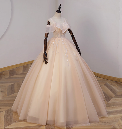 Elegantes champagnerfarbenes One-Shoulder Tüll-Abendkleid, langes Ballkleid, Sweet 16 Kleid P4428