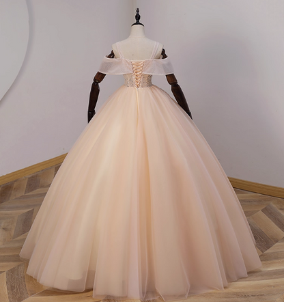 Elegantes champagnerfarbenes One-Shoulder Tüll-Abendkleid, langes Ballkleid, Sweet 16 Kleid P4428