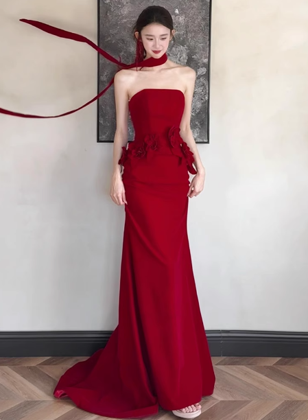Elegantes burgunderrotes Meerjungfrauen-Trägerkleid mit 3D-Blumen-Satin-Schleppe, Ballkleid, Abendkleid P4429