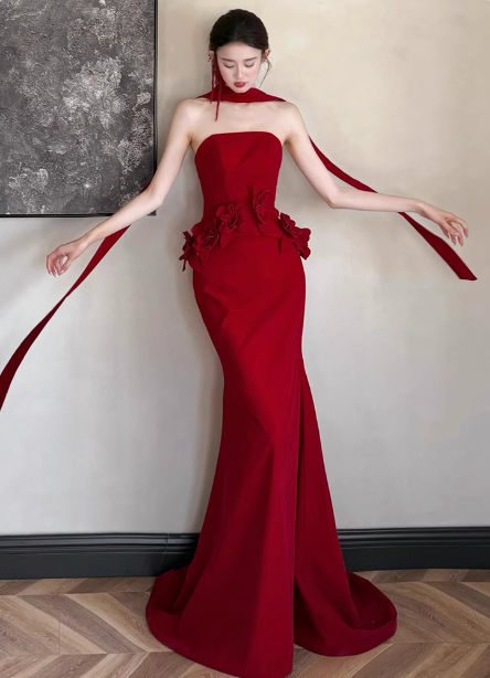 Elegantes burgunderrotes Meerjungfrauen-Trägerkleid mit 3D-Blumen-Satin-Schleppe, Ballkleid, Abendkleid P4429