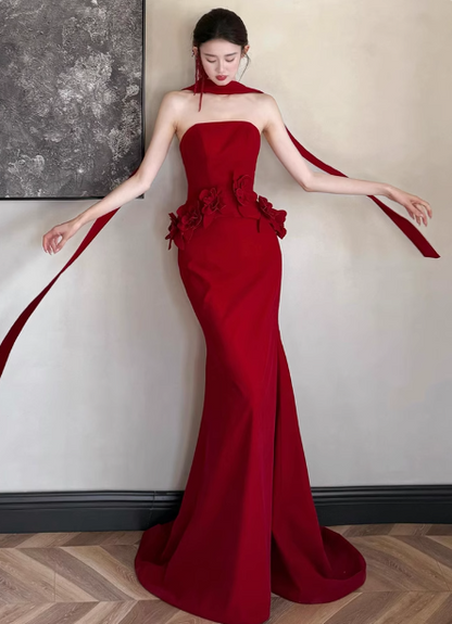Elegantes burgunderrotes Meerjungfrauen-Trägerkleid mit 3D-Blumen-Satin-Schleppe, Ballkleid, Abendkleid P4429