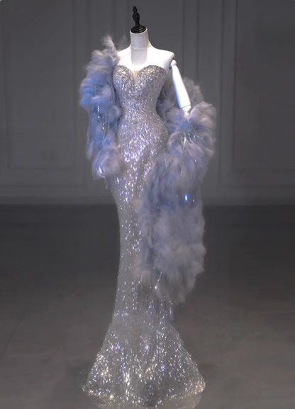Luxuriöses, glänzendes Meerjungfrauen-Abendkleid mit Pailletten und Herzausschnitt P4431