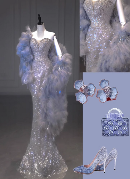 Luxuriöses, glänzendes Meerjungfrauen-Abendkleid mit Pailletten und Herzausschnitt P4431