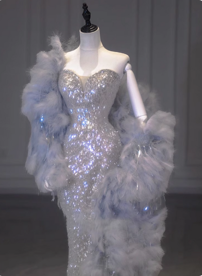 Luxuriöses, glänzendes Meerjungfrauen-Abendkleid mit Pailletten und Herzausschnitt P4431