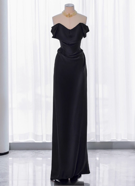 Elegantes, schwarzes, tailliertes, schulterfreies Satin-Ballkleid Abendkleid P4437