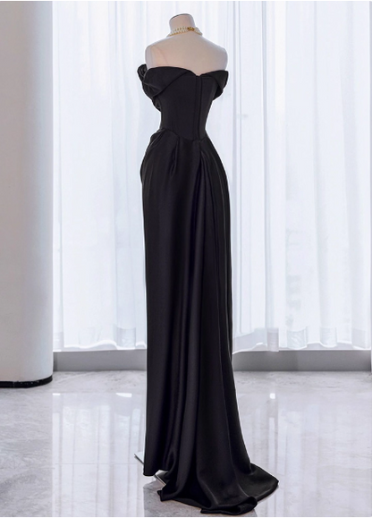 Elegantes, schwarzes, tailliertes, schulterfreies Satin-Ballkleid Abendkleid P4437