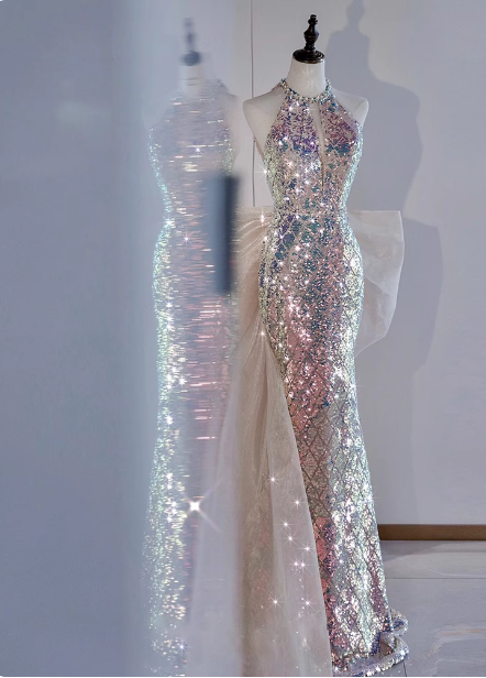 Glänzendes verträumtes schillerndes Farbverlauf Meerjungfrauen-Neckholder-Kleid mit Schleife und Pailletten, langes Ballkleid Abendkleid P4439