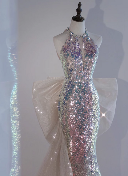 Glänzendes verträumtes schillerndes Farbverlauf Meerjungfrauen-Neckholder-Kleid mit Schleife und Pailletten, langes Ballkleid Abendkleid P4439