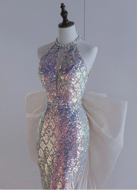 Glänzendes verträumtes schillerndes Farbverlauf Meerjungfrauen-Neckholder-Kleid mit Schleife und Pailletten, langes Ballkleid Abendkleid P4439