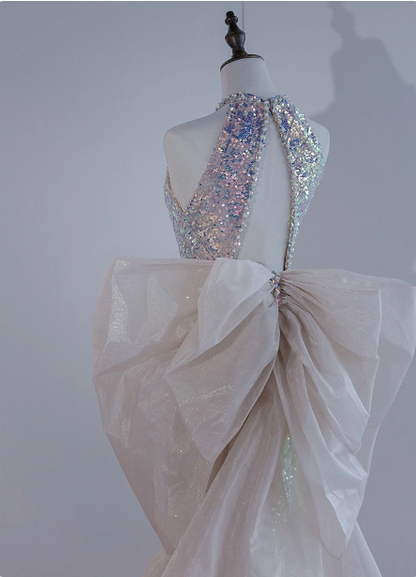 Glänzendes verträumtes schillerndes Farbverlauf Meerjungfrauen-Neckholder-Kleid mit Schleife und Pailletten, langes Ballkleid Abendkleid P4439