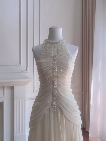 Elegantes elfenbeinfarbenes A-Linien Neckholder Perlen Falten Chiffon Ballkleid Abendkleid P4044