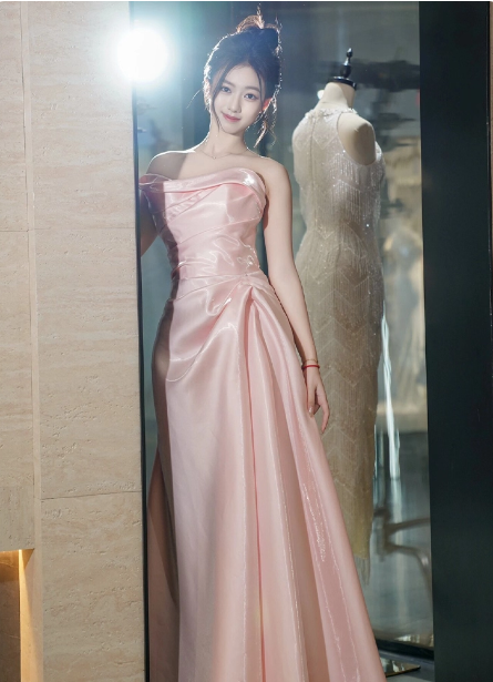 Elegant Pink Strapless Ruffled Satin Long Prom Dress Evening Dress Bridesmaid Dress P4440