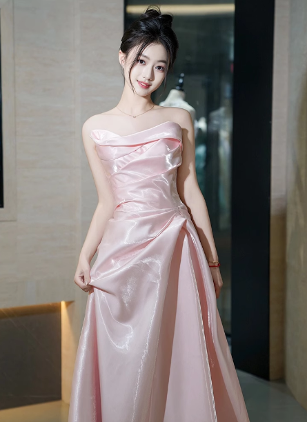 Elegant Pink Strapless Ruffled Satin Long Prom Dress Evening Dress Bridesmaid Dress P4440