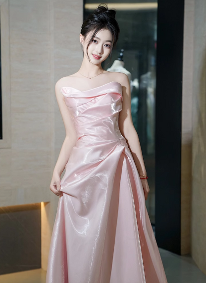 Elegantes pinkes trägerloses Rüschen-Satin-langes Ballkleid Abendkleid Brautjungfernkleid P4440