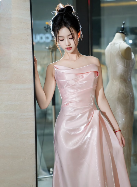Elegant Pink Strapless Ruffled Satin Long Prom Dress Evening Dress Bridesmaid Dress P4440