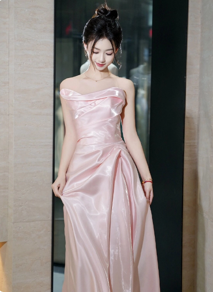Elegantes pinkes trägerloses Rüschen-Satin-langes Ballkleid Abendkleid Brautjungfernkleid P4440