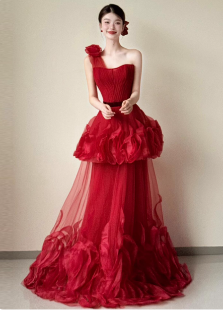 Wunderschönes rotes, trägerloses, schulterfreies langes Ballkleid mit 3D-Blumen und Tülllagen für den Abend P4441