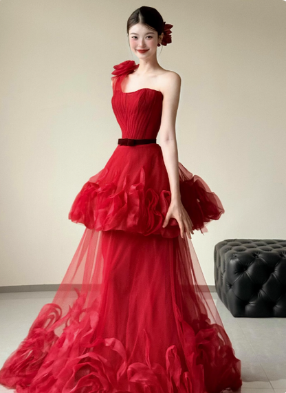 Wunderschönes rotes, trägerloses, schulterfreies langes Ballkleid mit 3D-Blumen und Tülllagen für den Abend P4441