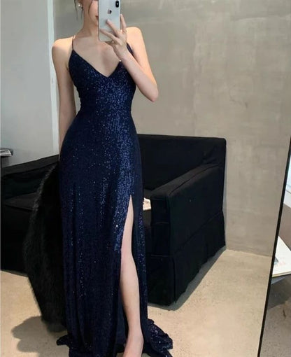 Wunderschönes, glänzendes Paillettenkleid, sexy rückenfreies Abend-Ballkleid, langes, enges Kleid P1607